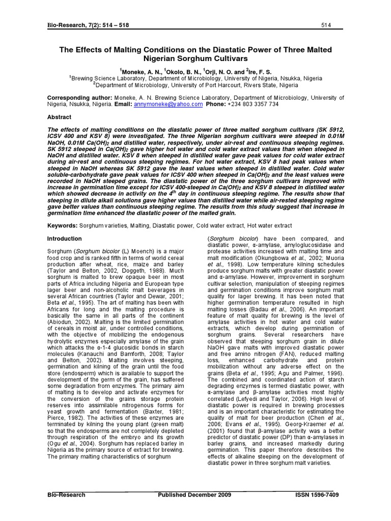 The Effects of Malting Conditions On The Diastatic Power of Three Malted Nigerian
