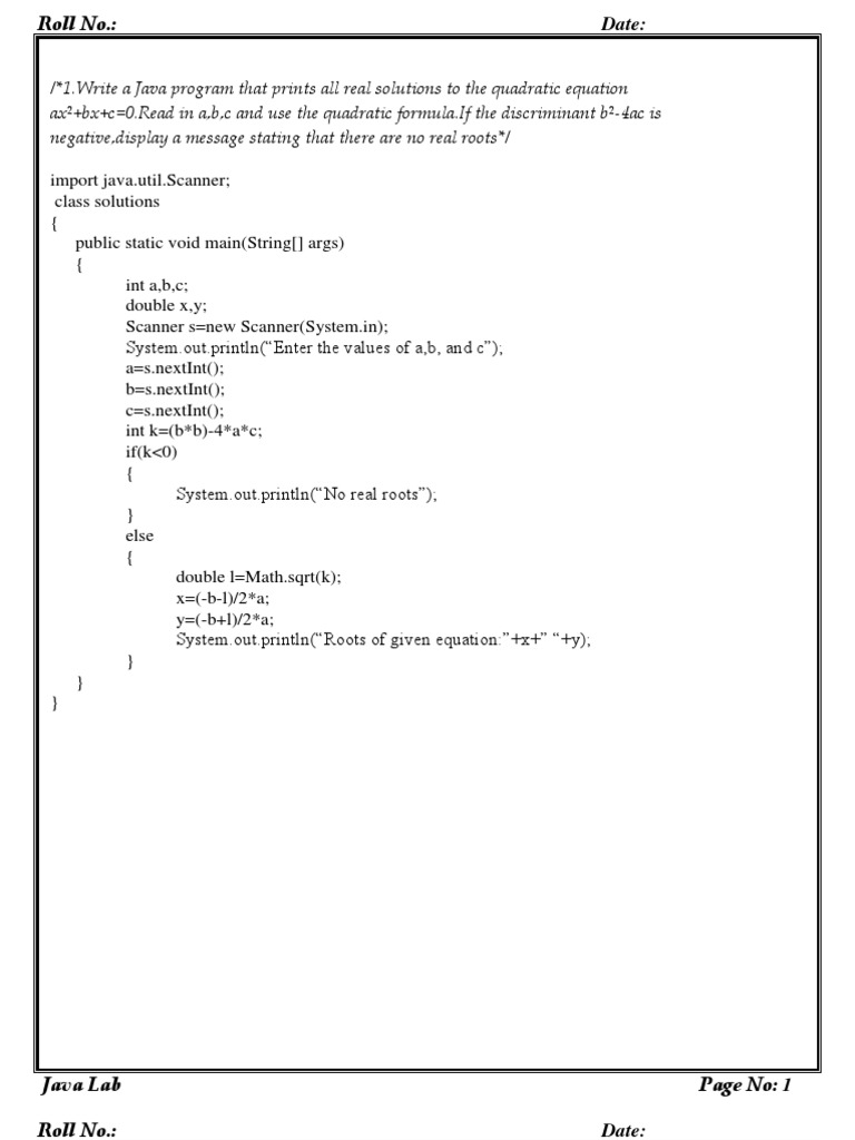 Java Lab Manual For Jntuk Students Quadratic Equation Software Engineering