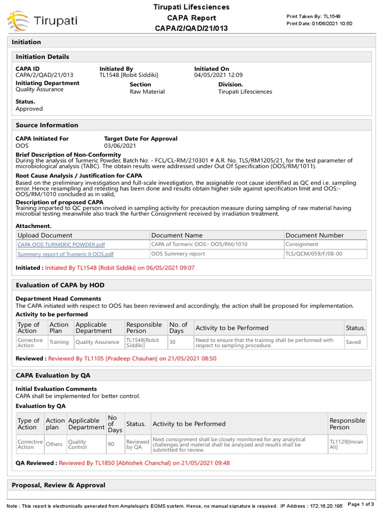 CAPA Report for Turmeric OOS Analysis | PDF | Quality Assurance ...