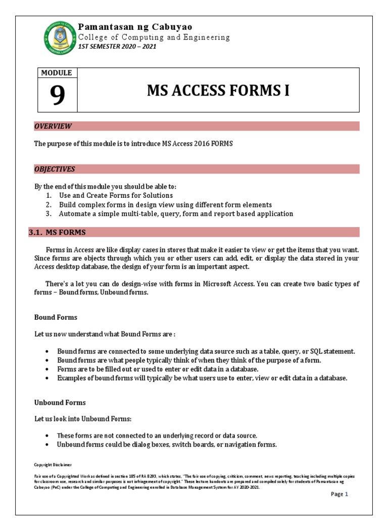 Ms Access Forms I: Pamantasan NG Cabuyao | PDF | Microsoft Access ...