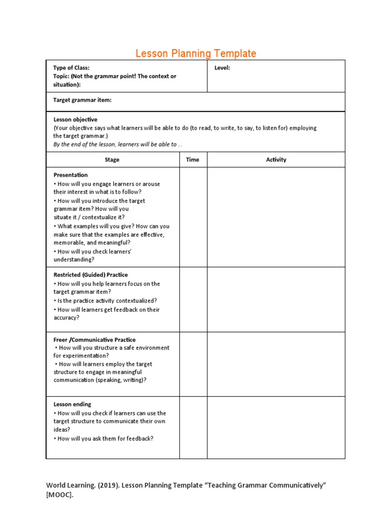 Grammar Lesson Planning Template | PDF | Career & Growth