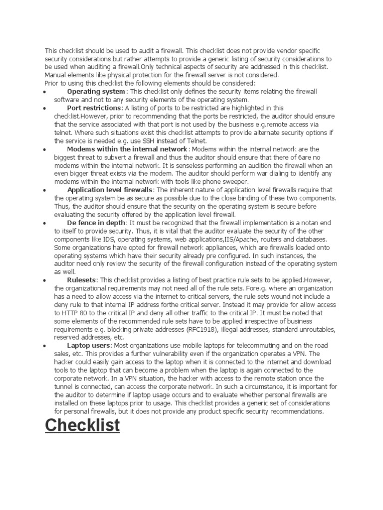 Firewall Security Audit Checklist | PDF | File Transfer Protocol | Port ...