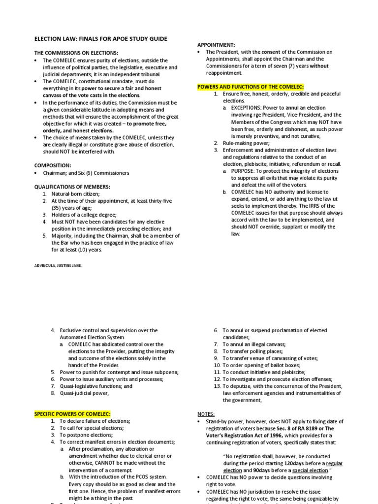 Election Law: Finals For Apoe Study Guide: The Commissions On Elections ...