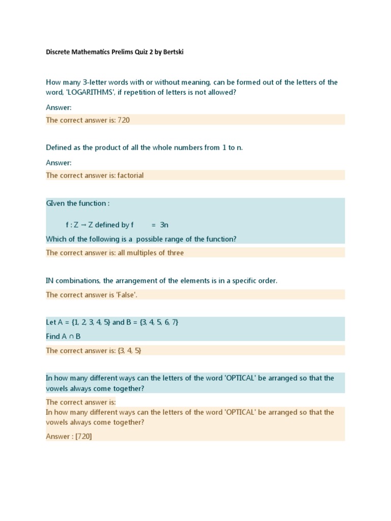 Discrete Mathematics Quiz 2 Solutions | PDF | Function (Mathematics ...