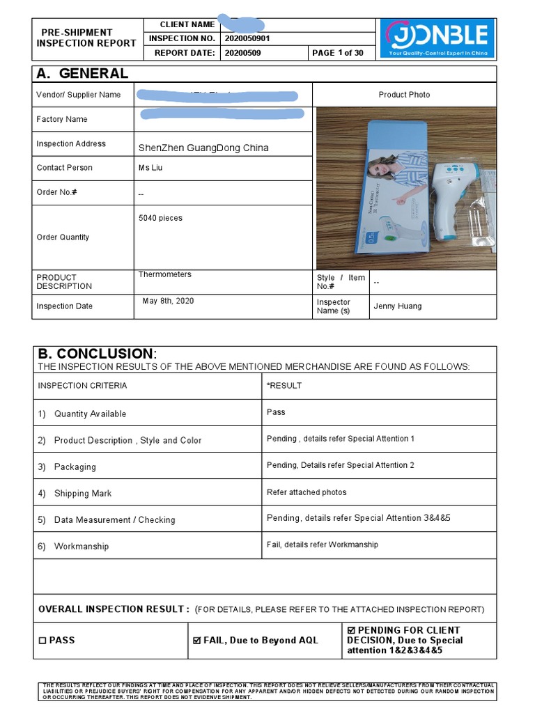 Pre-Shipment Inspection Report for Escali | PDF | Celsius | Nature