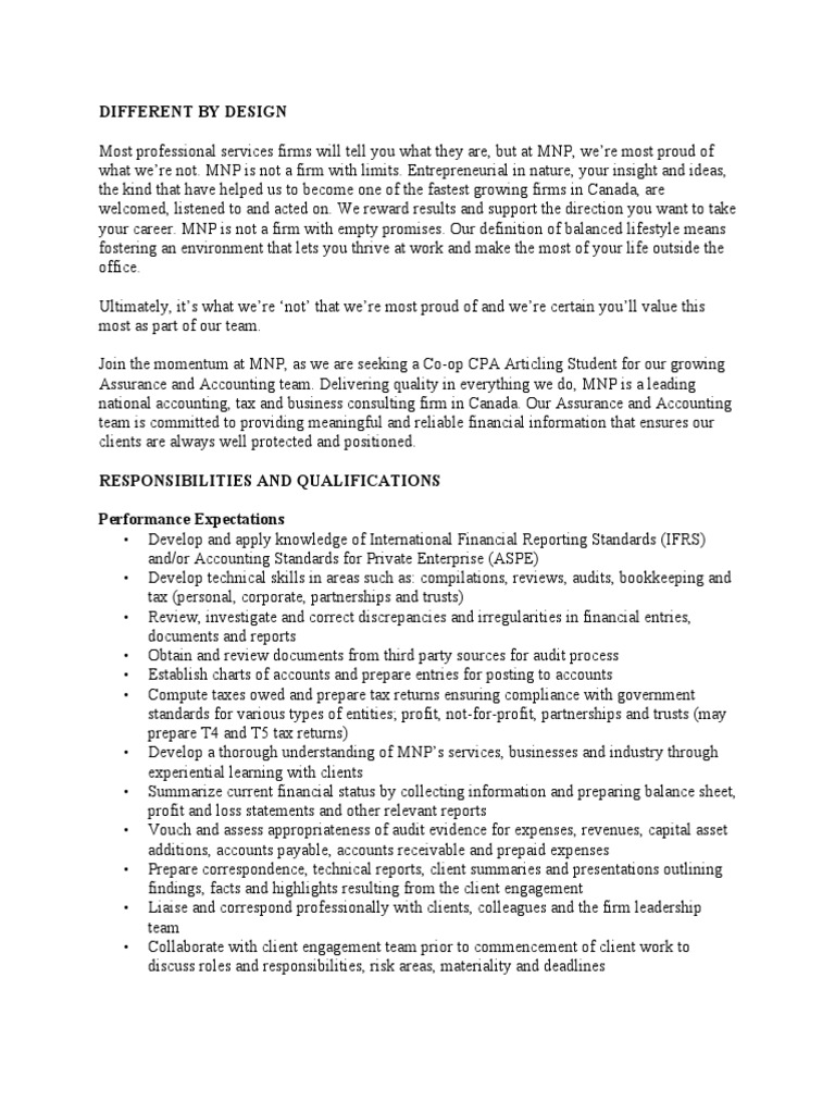 MNP CoOp CPA Articling Student, Assurance and Accounting PDF