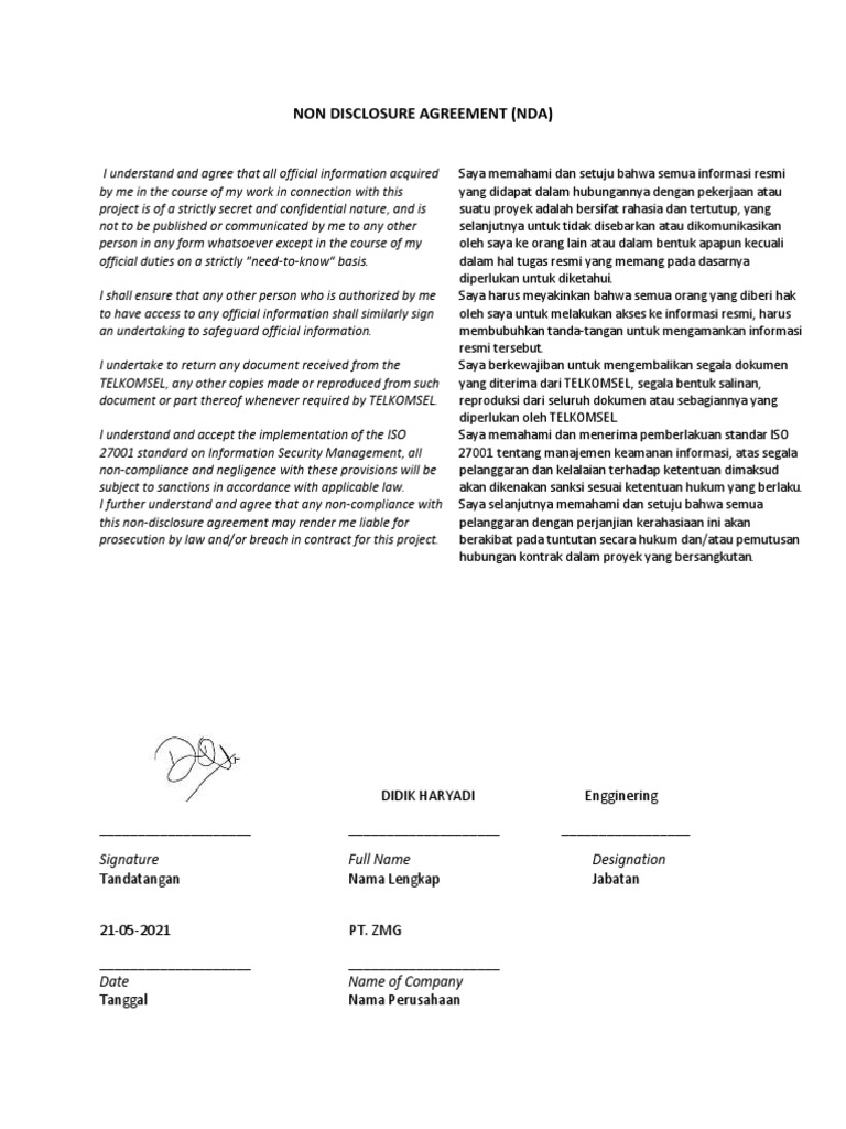 Non Disclosure Agreement - Didik H | PDF