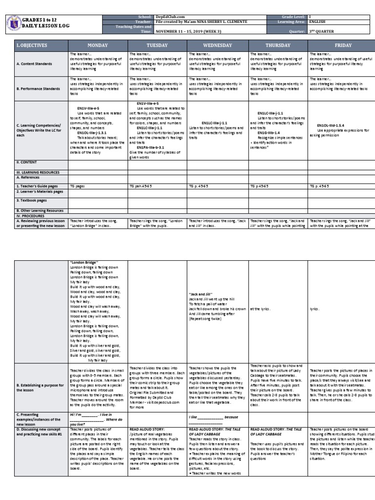 Grade 1 English Daily Lesson Plan | PDF | Literacy | Differentiated ...