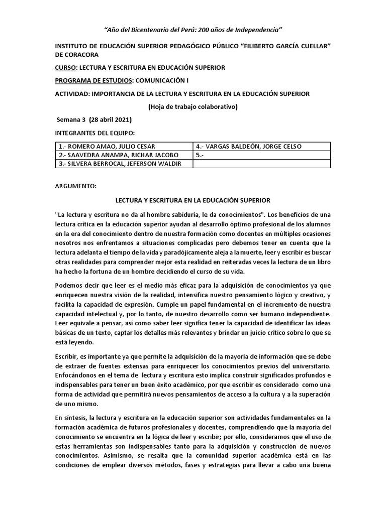 Importancia de La Lectura y Escritura en La Educación Superior | PDF ...
