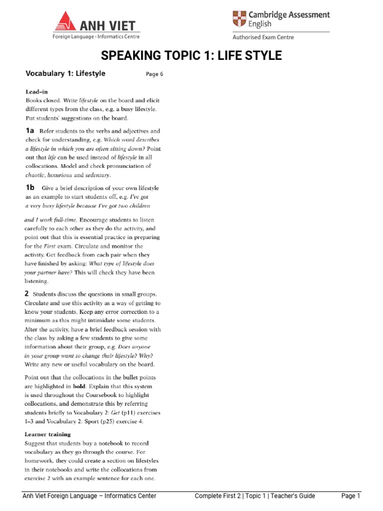 Teacher's Guide: Speaking Topic 1 | PDF