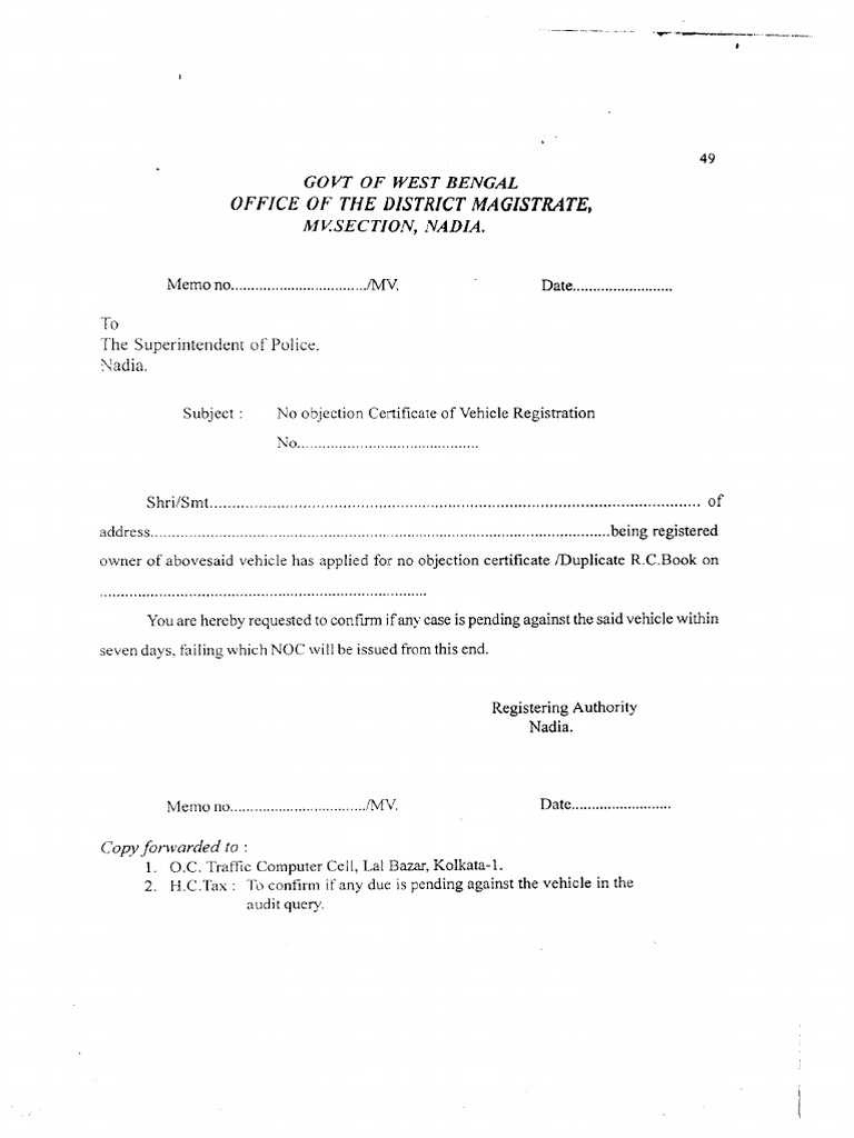 NOC of Vehicle Registration PDF