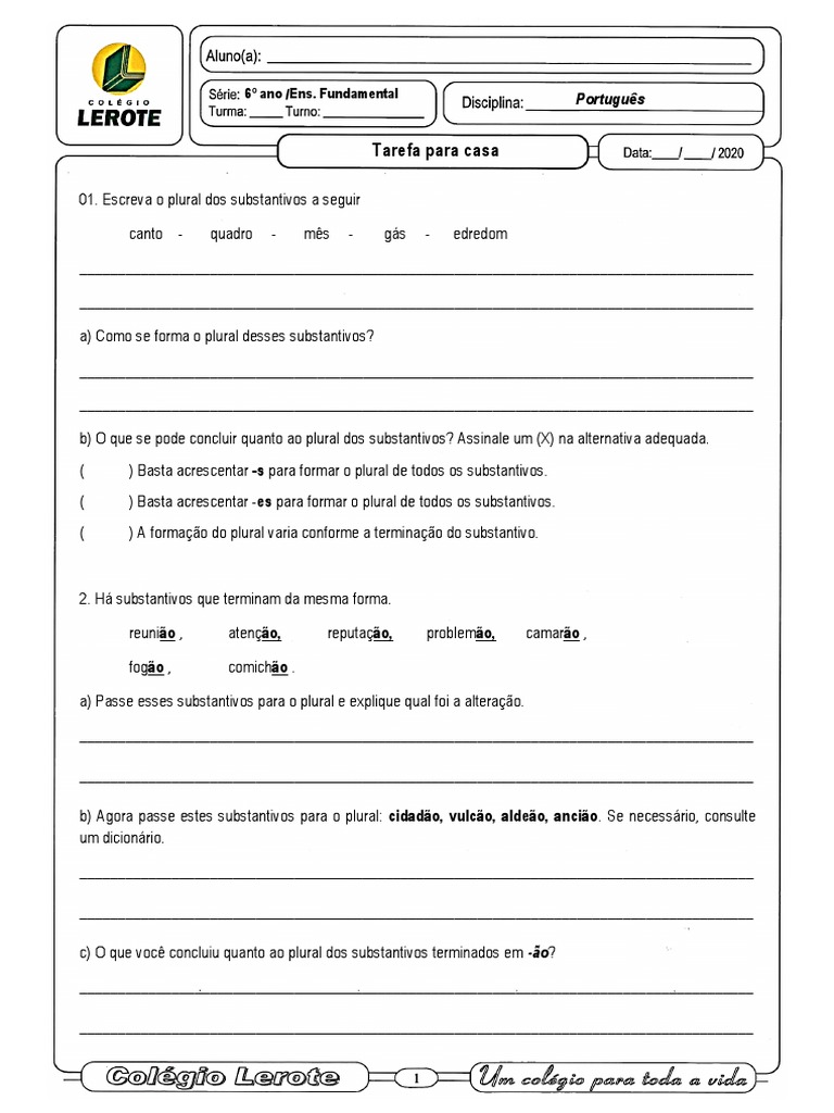 Atividade Número Do Substantivo | PDF | Plural | Sintaxe
