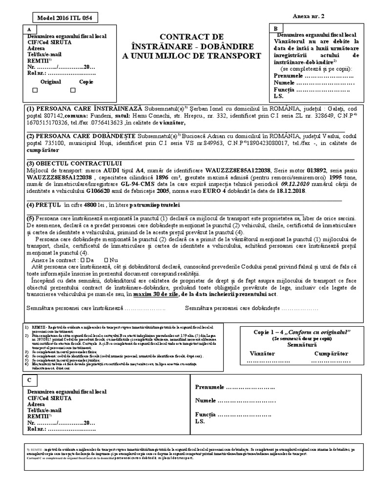 Modelul Contractului de Instrainare Dobandire A Unei Masini | PDF
