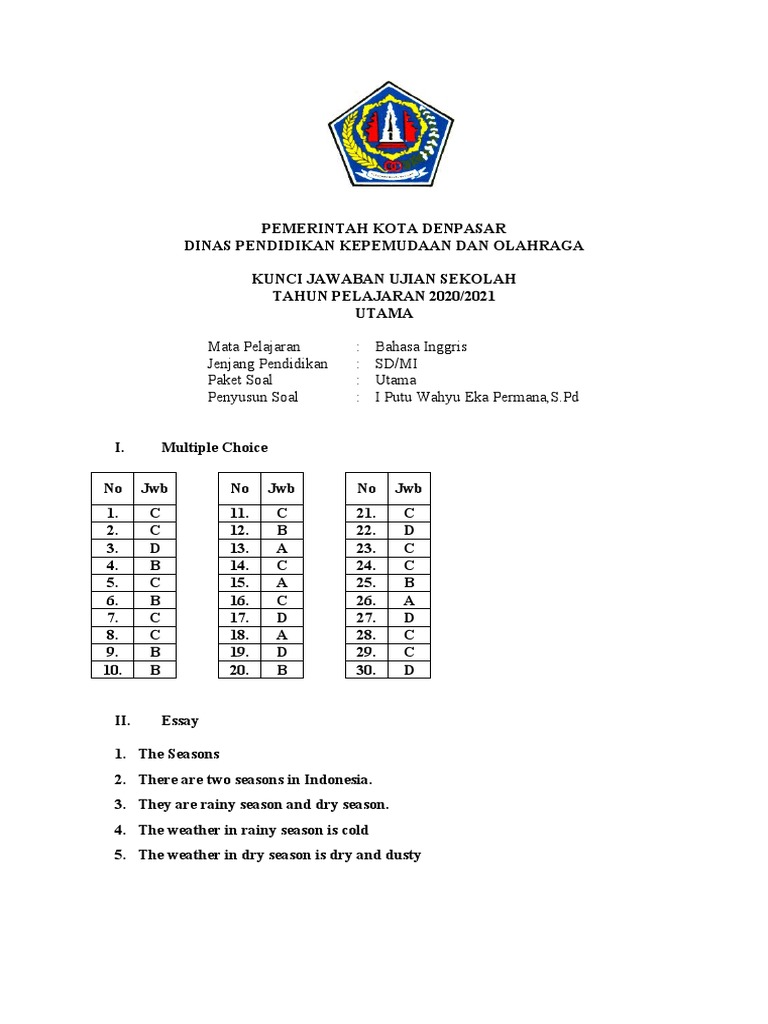 Kunci Jawaban Bahasa Inggris UTAMA | PDF