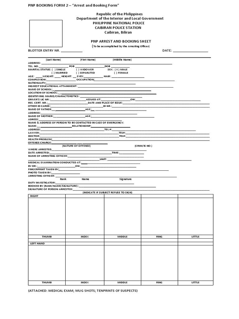 PNP Arrest and Booking Sheet | PDF | Criminal Justice | Crime & Violence
