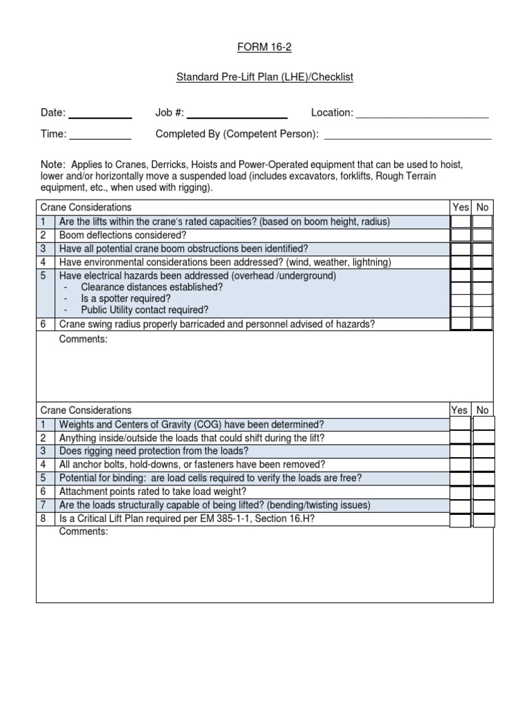 Standard Lift Plan Form 162 Fillable PDF Crane (Machine