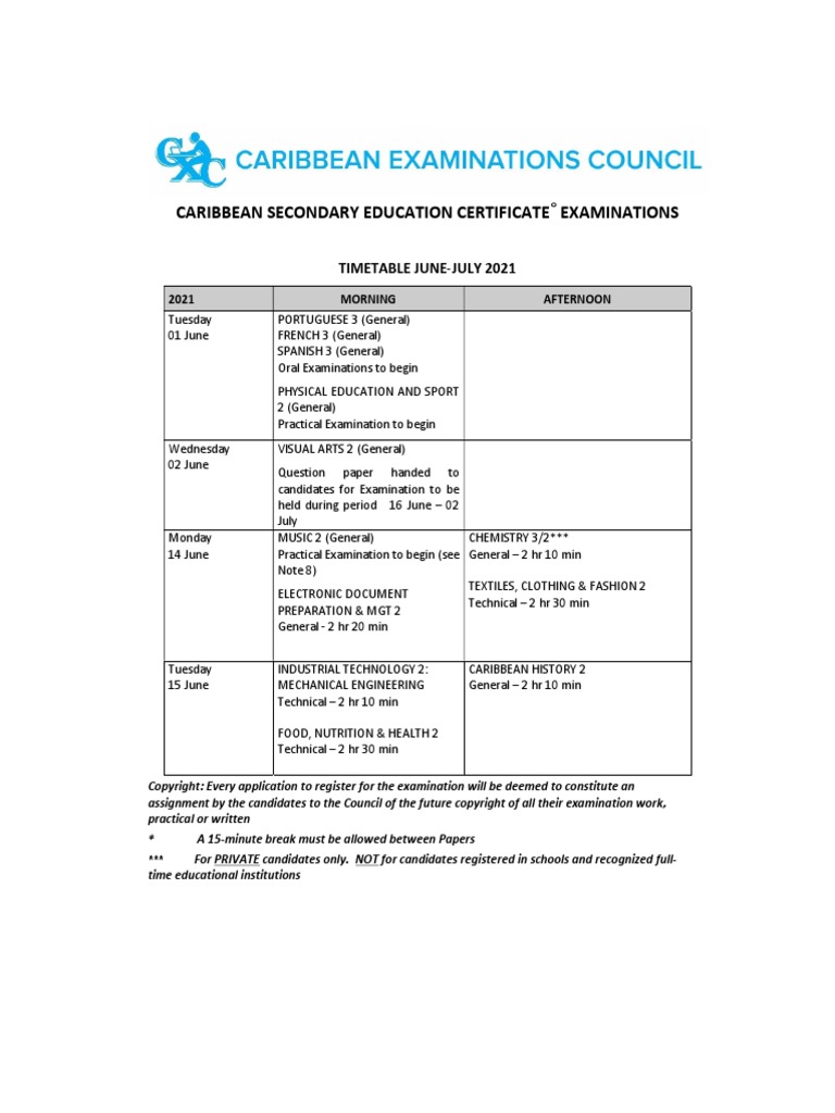 FINAL CSEC Timetable June July 2021 PDF Test (Assessment) Engineering