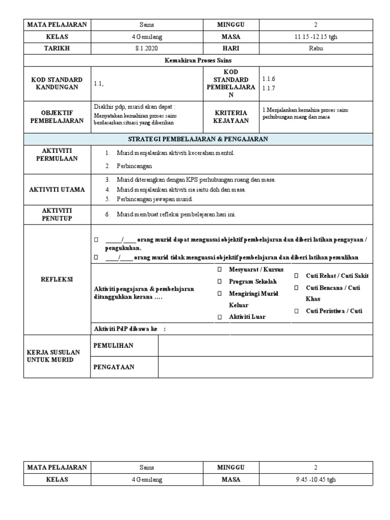 Rph Sn Tahun 4 Kemahiran Proses Sains Mggu 2 5 9 1 2020 Pdf
