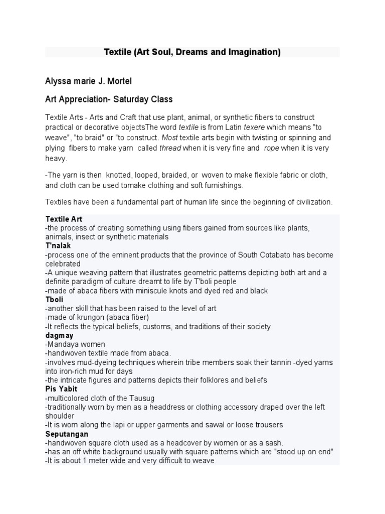 Alyssa Marie J. Mortel Art AppreciationSaturday Class Textile (Art