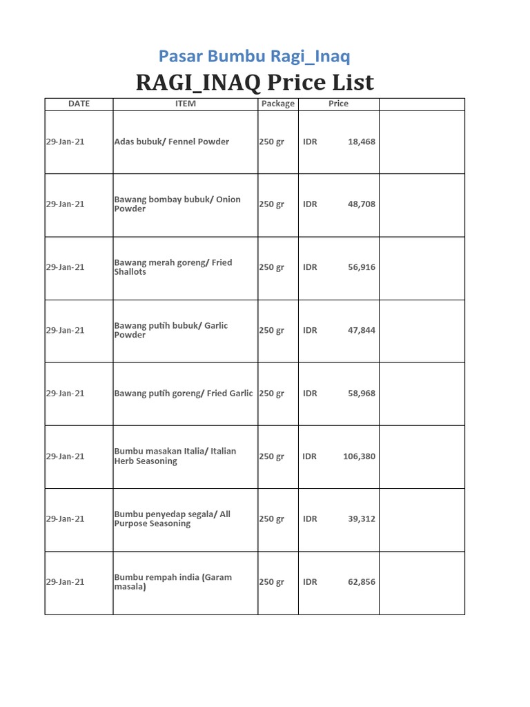 Seasoning Price List PDF Garlic Spice