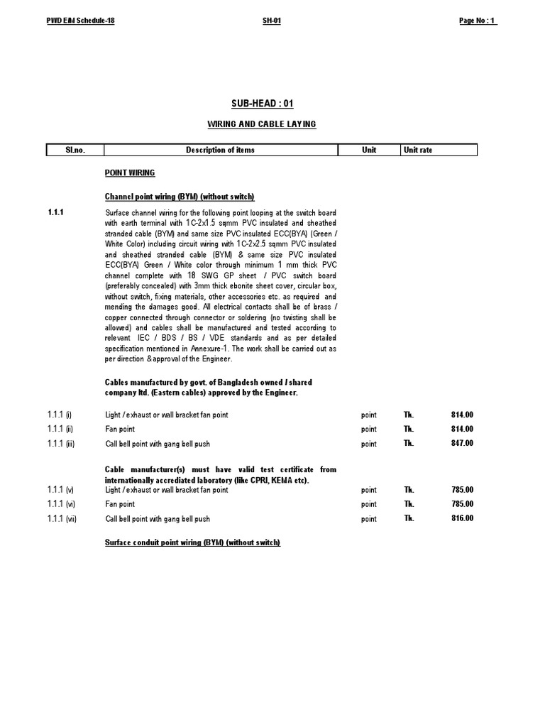 PWD E/M Schedule Wiring and Cable Laying Rates PDF Electrical