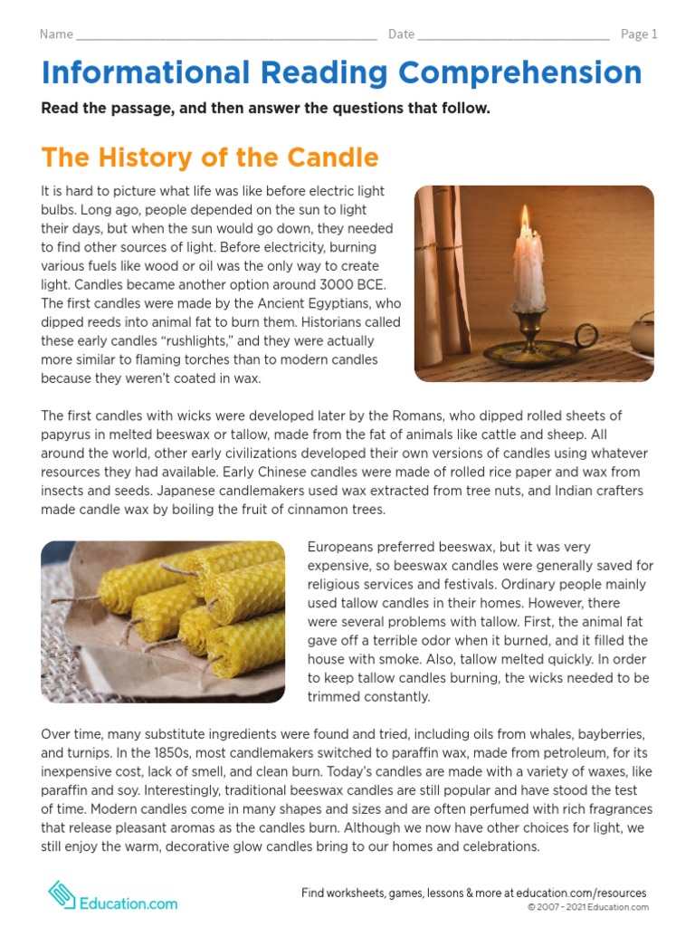 Informational Reading Comprehension The History of The Candle PDF