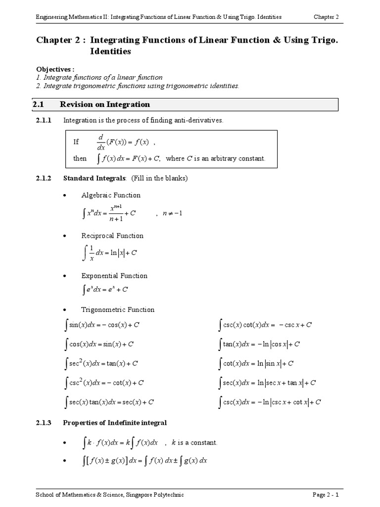 Chapter 02 Integrating Functions of Linear Function & Using Trigo ...