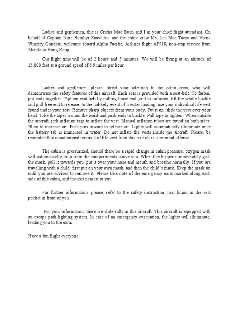 Flight Safety Demonstration Script 1 PDF