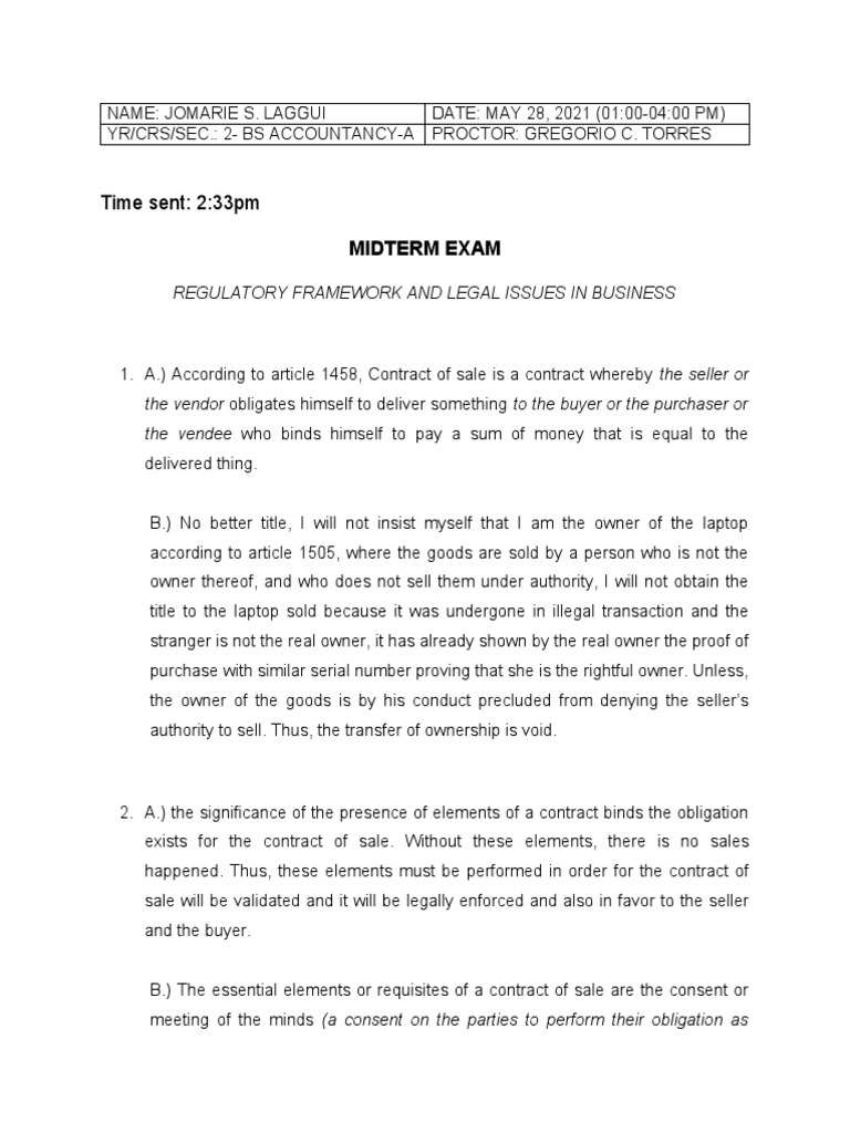 Laggui 2acctyA Law Midterm Exam PDF Implied Warranty Law Of