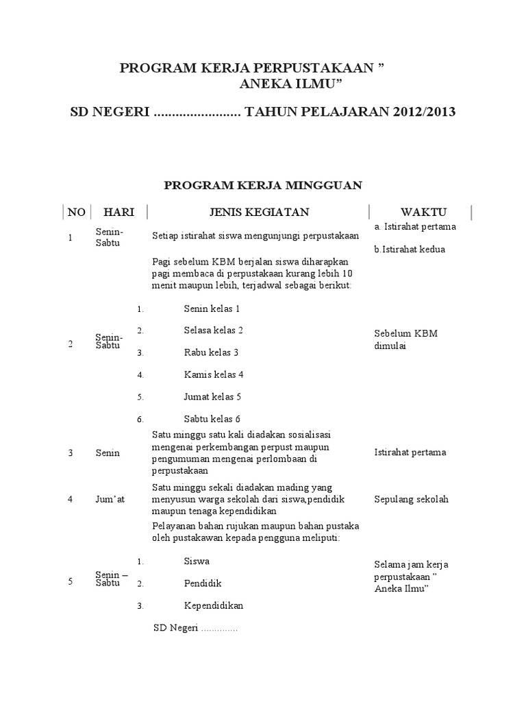 Program Kerja Perpustakaan SD 2012/2013 | PDF | Kajian Bahasa Asing