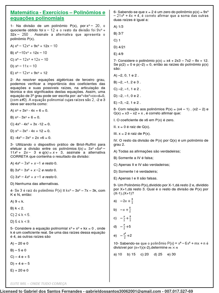Matemática - Exercícios - Polinômios e Equações Polinomiais | PDF ...
