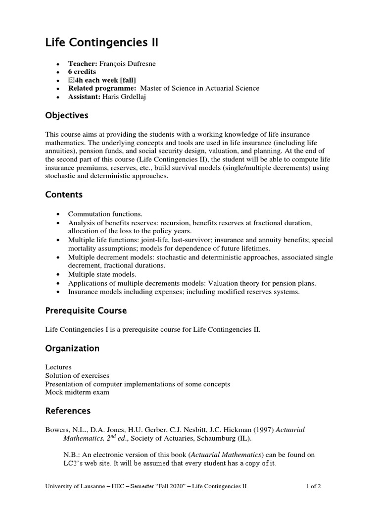 Life Contingencies II Course Overview | PDF | Actuarial Science ...