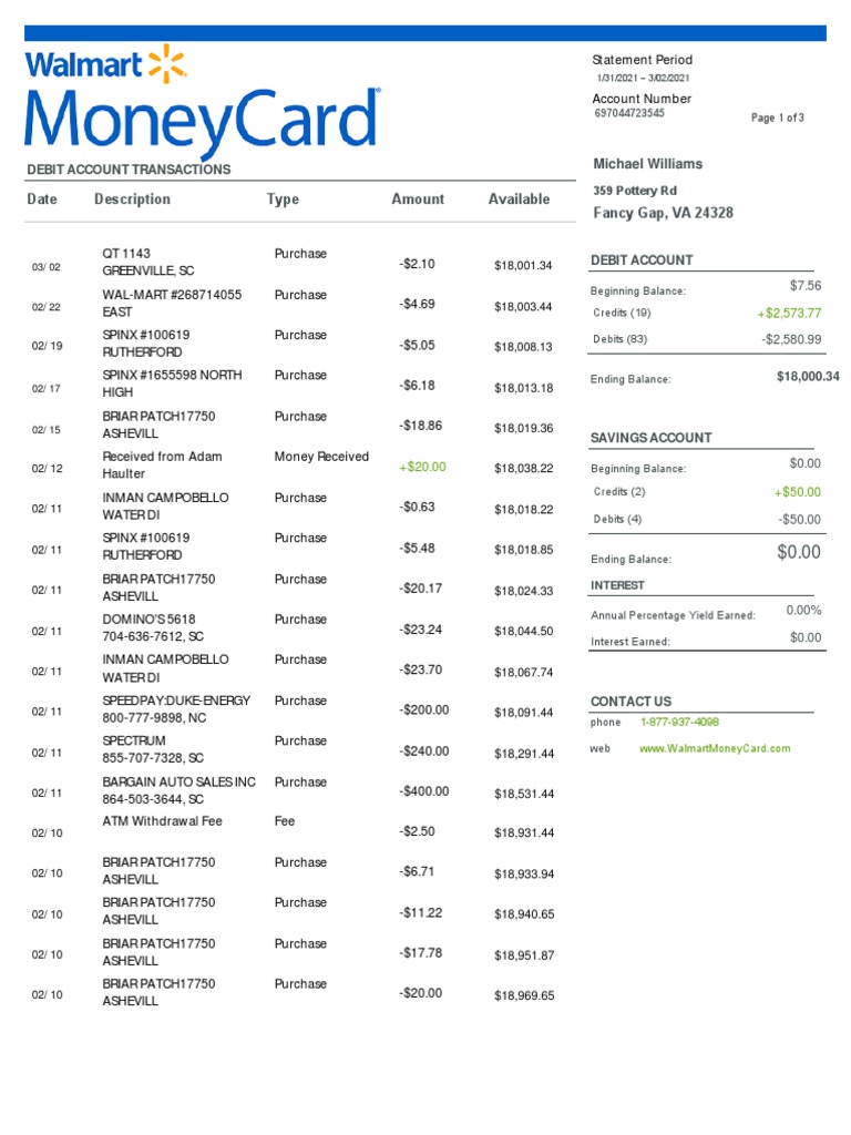 Walmart Money Card 2021 Bank Statement PDF Financial Transaction