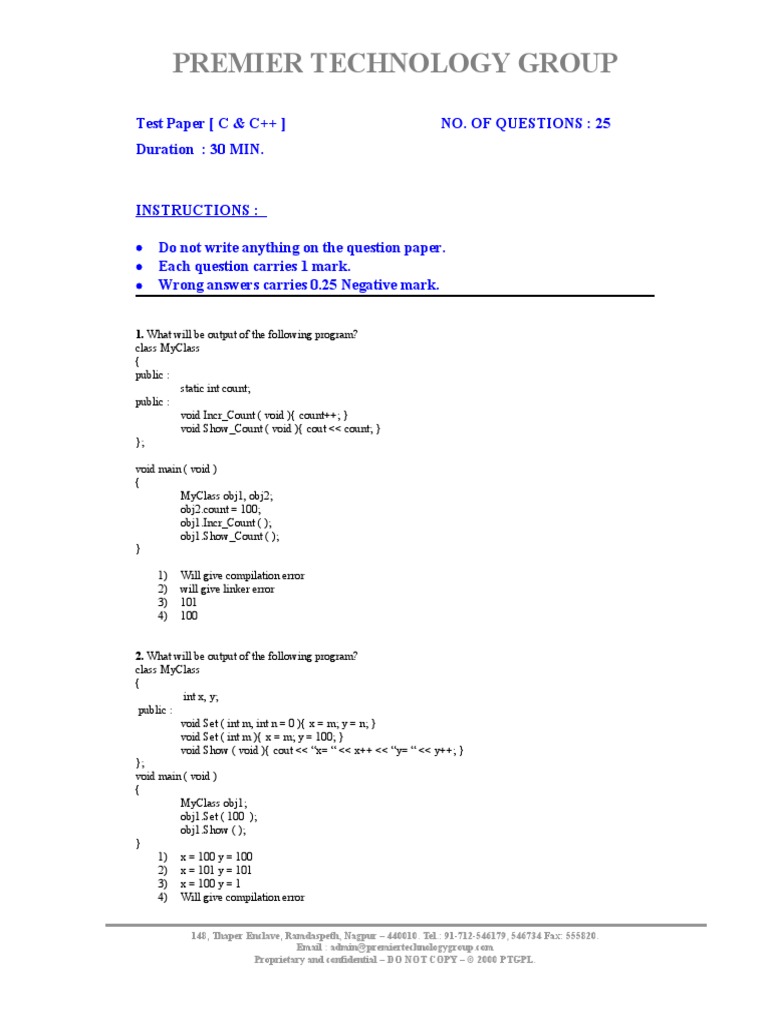 Premier Technology Group: Test Paper (C & C++) No. of Questions: 25 ...
