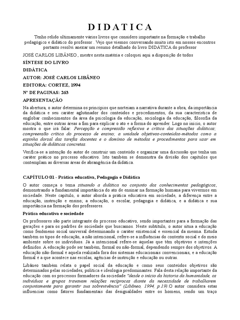 Didática Geral Resumo | PDF | Método de ensino | Pedagogia