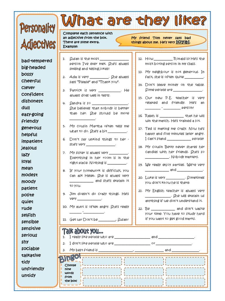 Personality Adjectives Grammar Drills Reading Comprehension Exercises Tes -  73346 | PDF