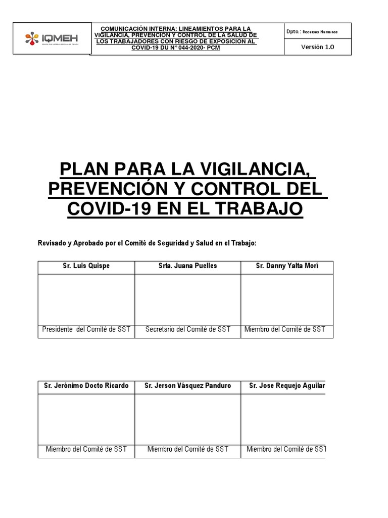 Plan para La Vigilancia Prevención y Control Covid 19 IQMEH SAC | PDF ...