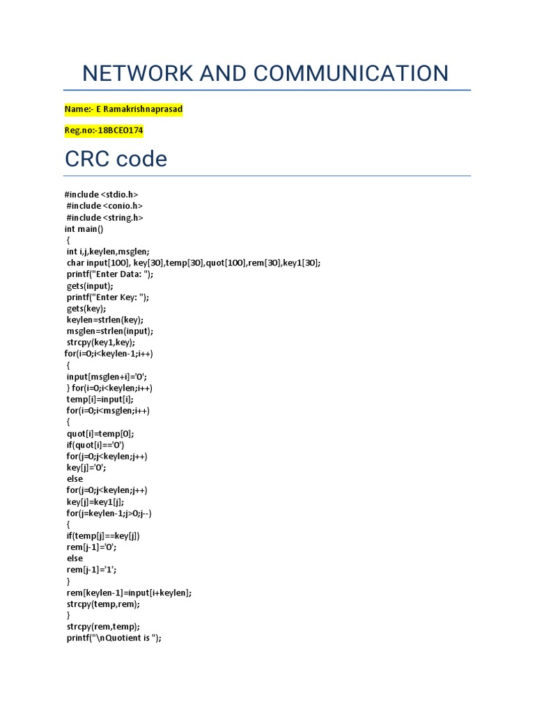 CRC Code Implementation in C | PDF