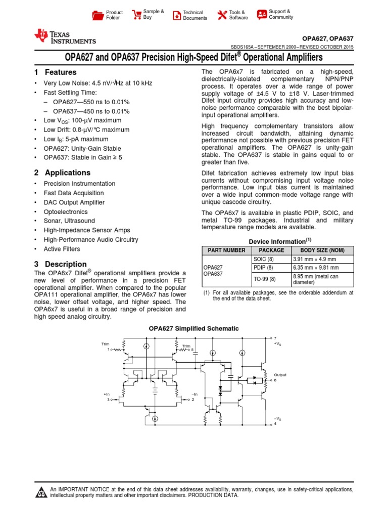 OPA627 and OPA637 Precision High-Speed Difet Operational Amplifiers ...