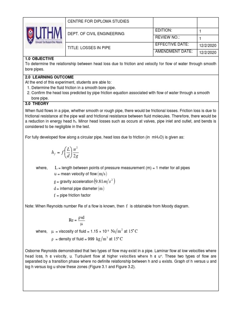 Head Loss in Pipe Flow Analysis | PDF | Fluid Dynamics | Reynolds Number