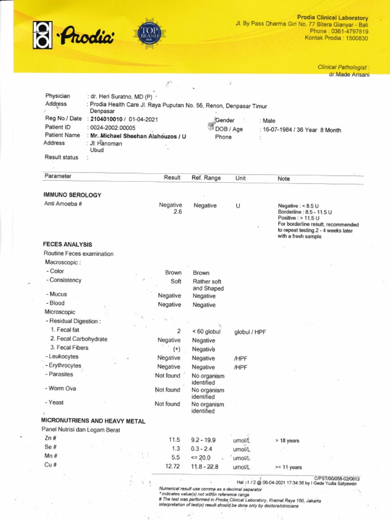 Prodia Blood Test Results Overview | PDF | Body Fluids | Biology