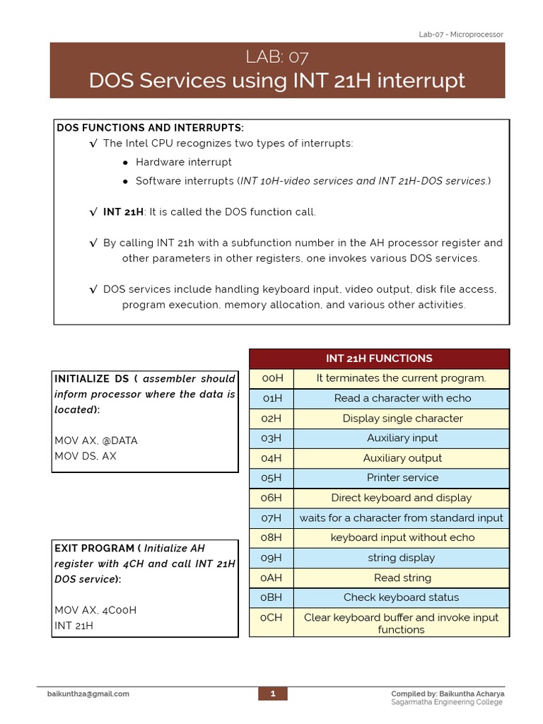 DOS Services Using INT 21H Interrupt: Dos Functions and Interrupts: The ...