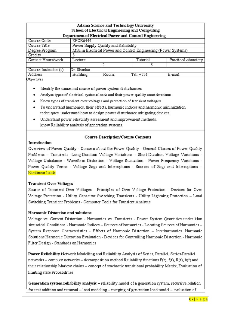 Power Quality Course Outline PDF Reliability Engineering
