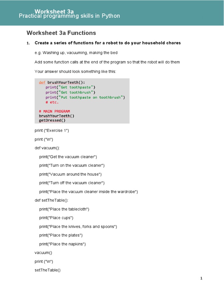Python Skills Worksheet 3a Functions | PDF