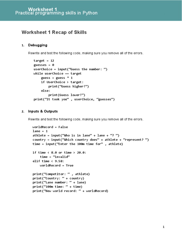 Python Skills Worksheet 1 | PDF | Area | Pi