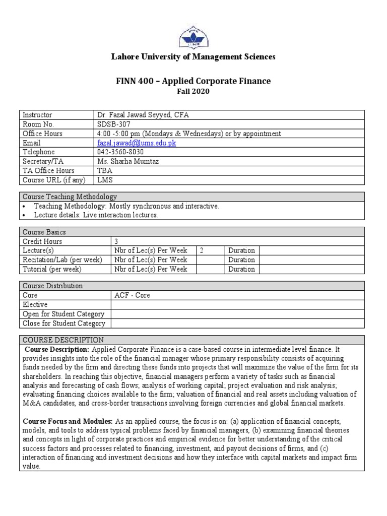 Applied Corporate Finance Course Overview | PDF | Valuation (Finance ...