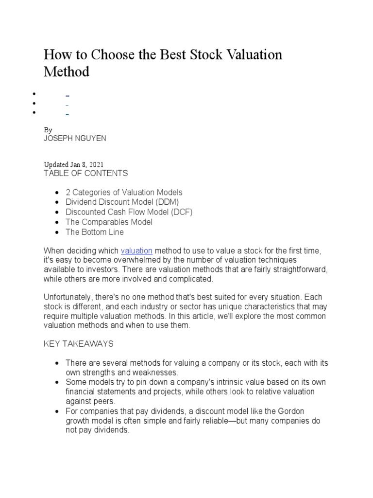 How To Choose The Best Stock Valuation Method Download Free PDF