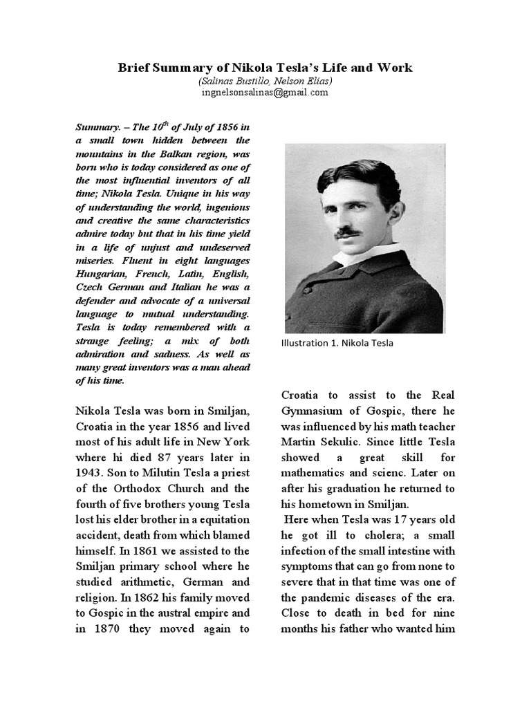 Brief Summary of Nikola Teslas Life and | PDF | Nikola Tesla | Thomas