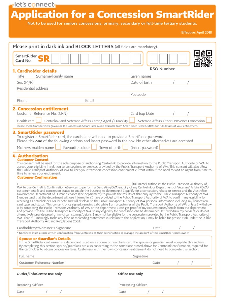 Application For A Concession Smartrider: Please Print in Dark Ink and ...