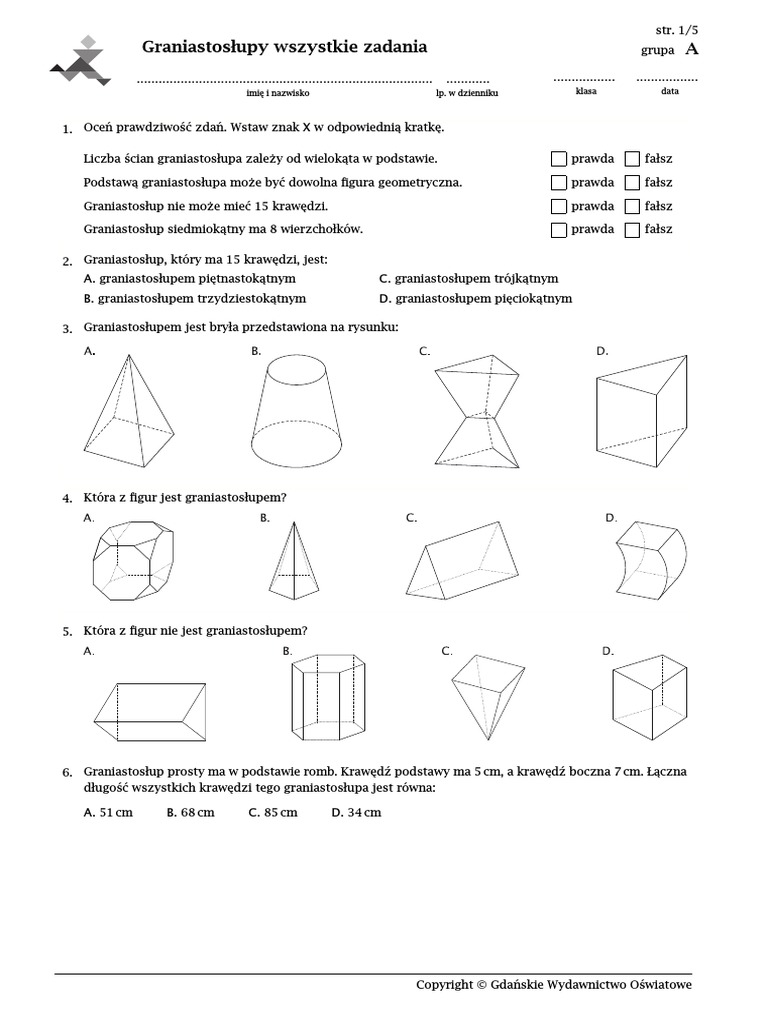 Sprawdzian Matematyka Klasa 8 Graniastosłupy I Ostrosłupy